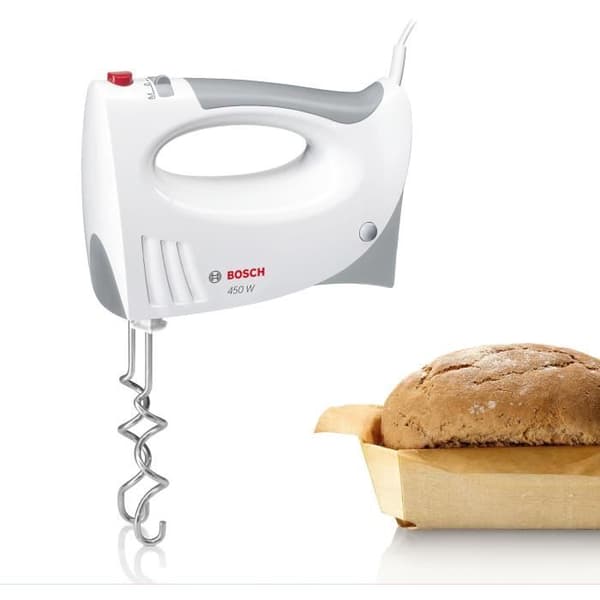 BOSCH CleverMixx MFQ3530 yleiskone - 450 W - 5 nopeutta - 2 vispilää / 2 ruostumattomasta teräksestä valmistettua taikinakoukkua - Valkoinen / Harmaa
