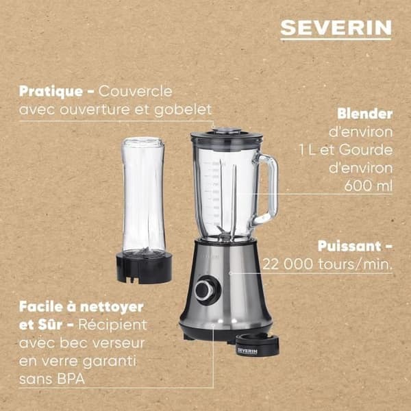 2-i-1-mixer - SEVERIN - SM3737 - 2-i-1 multimixer och smoothiemixer - 500W - 1 l glasskål - 1 x 600 ml flaska ingår