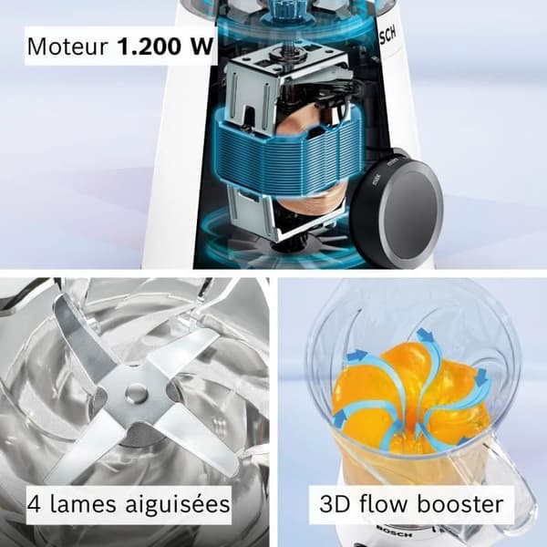 VitaPower Blender - BOSCH - MMB6141W - 1200 W - 30000 rpm - 2 hastigheter + turbo - 2 l skål - 4 avtagbara blad - Vit