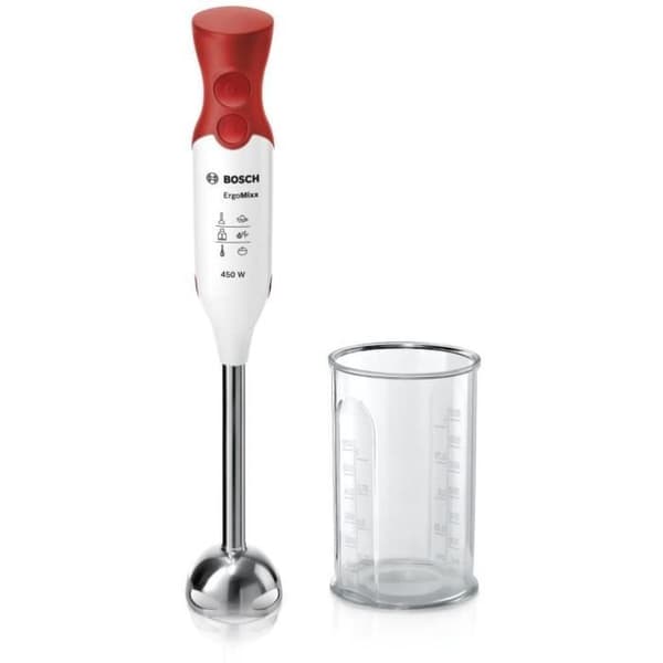 BOSCH stavblender - 450 Watt - stavblender i rustfrit stål - 4 skarpe knive - 2 hastigheder - måleskala 600 ml - hvid/rød
