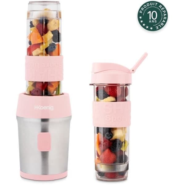 Minimixer - H.KoeNIG - SMOO12 - 300 W - 570 ml - Pastellrosa - 2 flaskor ingår - BPA-fri