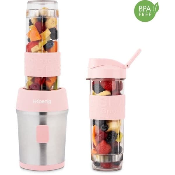 Minimixer - H.KoeNIG - SMOO12 - 300 W - 570 ml - Pastellrosa - 2 flaskor ingår - BPA-fri