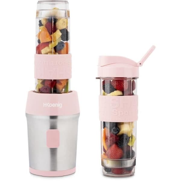 Minimixer - H.KoeNIG - SMOO12 - 300 W - 570 ml - Pastellrosa - 2 flaskor ingår - BPA-fri