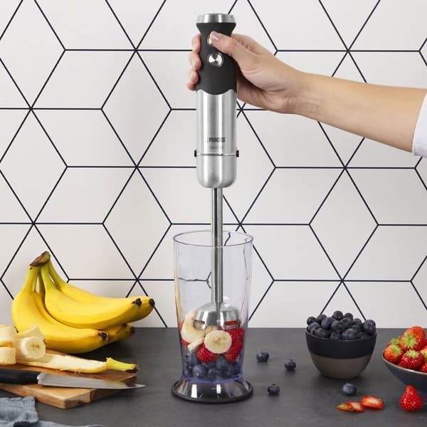 Princess 221221 stavmixer - 1000 Watt - 4 blad - 25 cm bas i rostfritt stål och Soft Touch-handtag - Med mätbägare