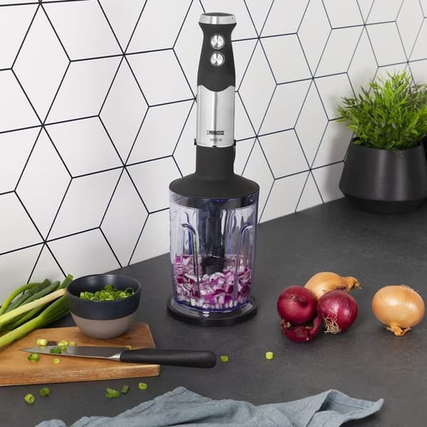 Princess 221221 stavmixer - 1000 Watt - 4 blad - 25 cm bas i rostfritt stål och Soft Touch-handtag - Med mätbägare