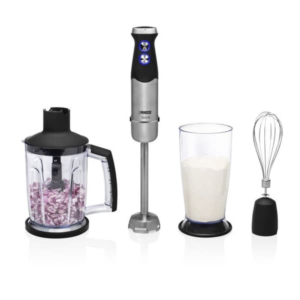 Princess 221221 stavmixer - 1000 Watt - 4 blad - 25 cm bas i rostfritt stål och Soft Touch-handtag - Med mätbägare