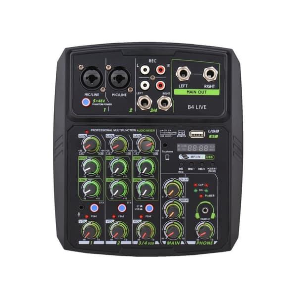 4-kanals lydmixer, bærbart design, dynamisk lydkontrol, indbygget phantom-strøm