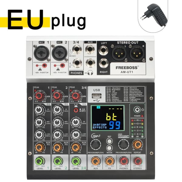 Miksauspöytä, 4 Kanavaa, 99 DSP-efektiä,EU PLUG in Finnish is "EU-pistoke".