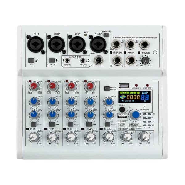 7-kanals lydmixer, USB-forbindelse, Bluetooth-kompatibel, 88 digitale effekter,HVID