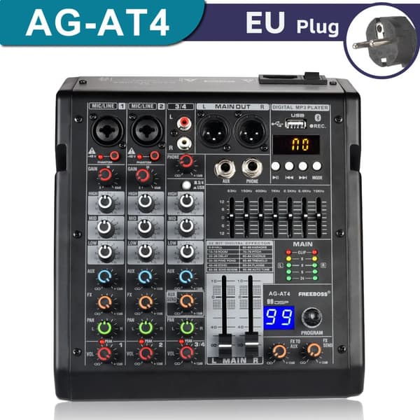 4-kanals lydmixer, 48V phantomstrøm, Bluetooth-forbindelse,EU -stik