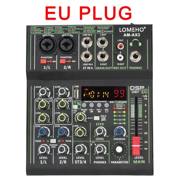 Audio Mixer, +48V Phantom Power, Bluetooth-forbindelse, EU STIK