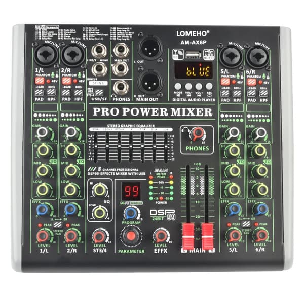Effektförstärkare, 6-kanals mixerbord, Bluetooth-anslutning,EU-kontakt