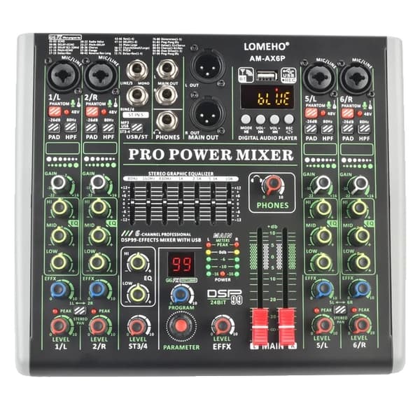 Effektförstärkare, 6-kanals mixerbord, Bluetooth-anslutning, EU-kontakt