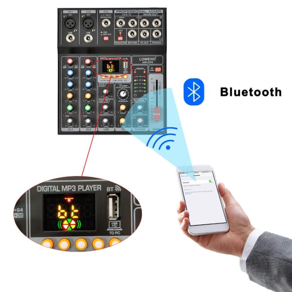 Bärbar Bluetooth-ljudmixer, 5-kanals kapacitet, inbyggd MP3-spelare,EU-kontakt