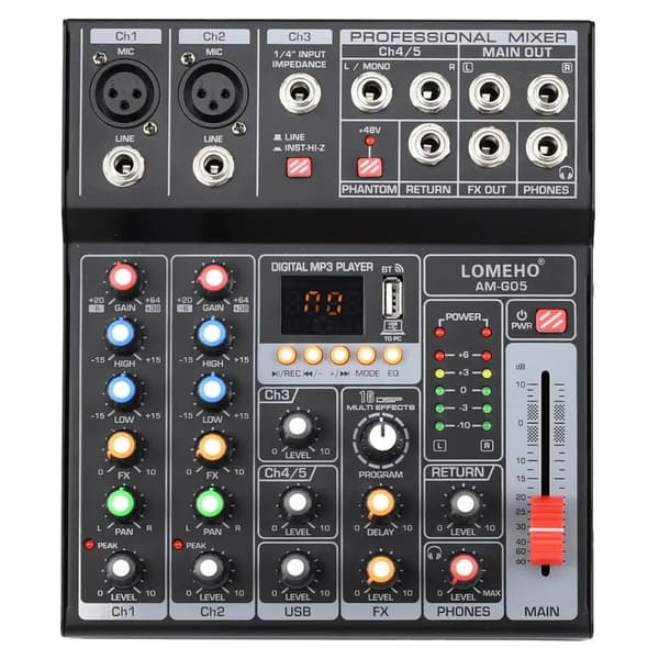 Bärbar Bluetooth-ljudmixer, 5-kanals kapacitet, inbyggd MP3-spelare,EU-kontakt