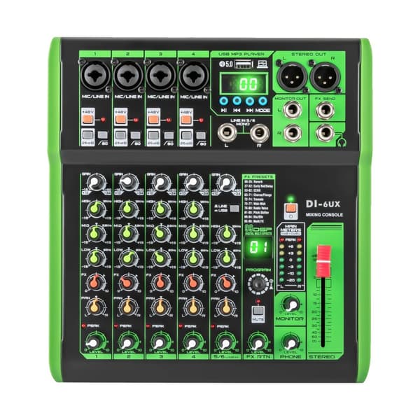 DI-6UX Professionel Lydmixer, 99 DSP Rumklangseffekter, USB MP3 Indgang, Phantomstrøm,MULTI
