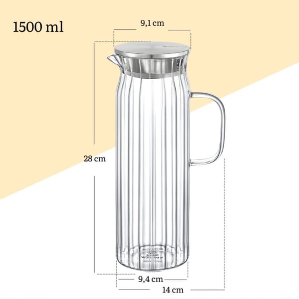 Räfflad glaskanna med lock WILMAX HIGH 1,5L för drycker, vatten, juicer