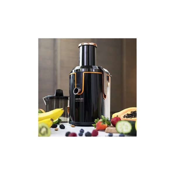 Cecotec 1300-W slow juicer with titanium-coated disc and XXL inlet mouth.