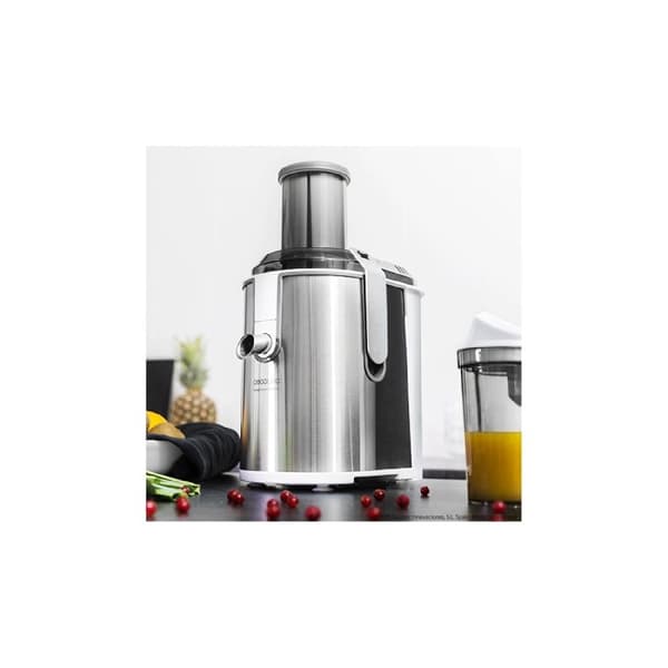 Cecotec 1300-W slow juicer with titanium-coated disc and XXL inlet mouth.