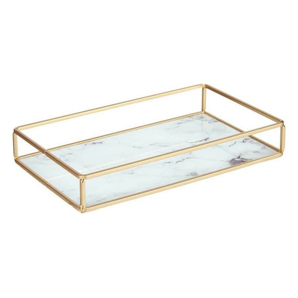 Bricka Marmor Gyllene Metall Vit Glas (25 x 4 x 15 cm)