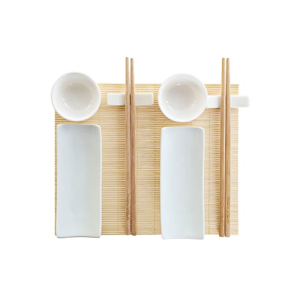 Sushiset DKD Home Decor Bambu Stengods Vit Naturell Orientalisk 28,5 x 19,5 x 3,3 cm (9 Delar) (28,5 x 19,5 x 3,3 cm)
