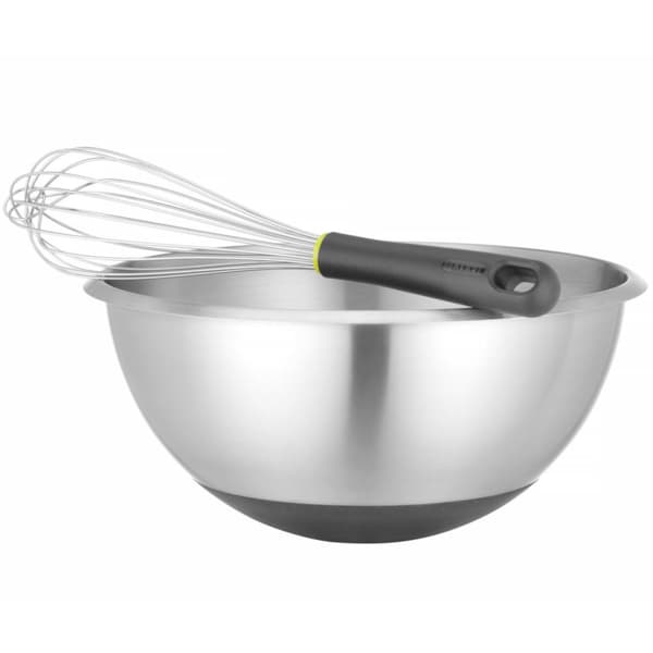 Teräksinen keittiökulho silikonialustalla ja mittakupilla, halkaisija 6 l. 330 x 155 mm