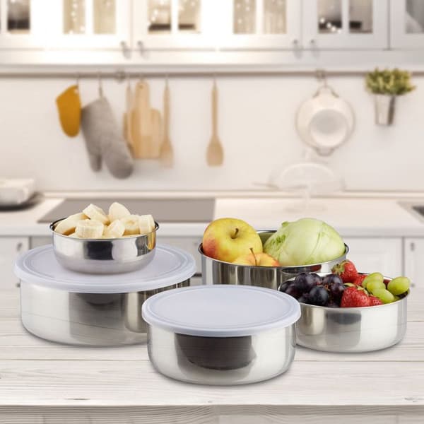 Relaxdays blandningsskål Salladsskål Set med 5 st rostfritt stål med plastlock rostfritt stål, silver