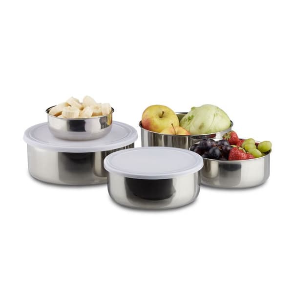 Relaxdays blandningsskål Salladsskål Set med 5 st rostfritt stål med plastlock rostfritt stål, silver