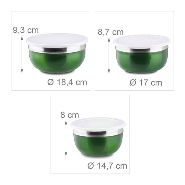 Relaxdays Bol mixer med lock set med 3 skålar i rostfritt stål flera storlekar, grön