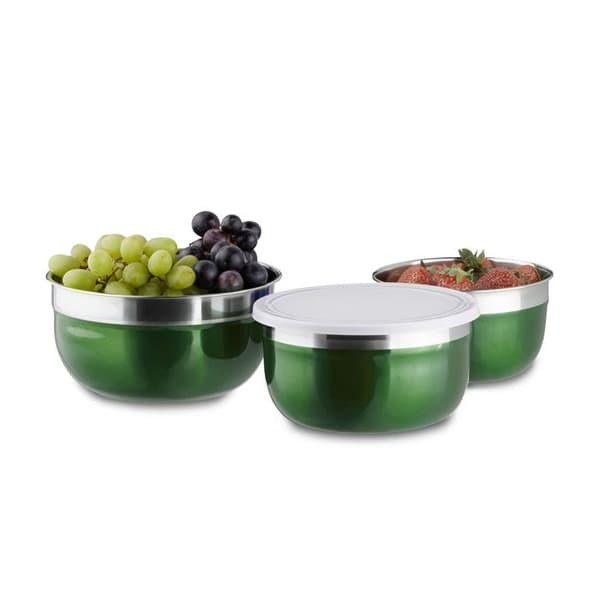 Relaxdays Bol mixer med lock set med 3 skålar i rostfritt stål flera storlekar, grön