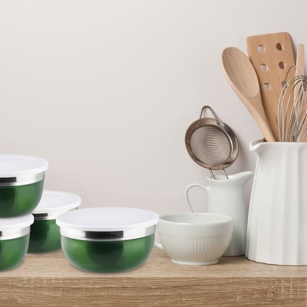 Relaxdays Bol blandare med lock set om 4 skålar i rostfritt stål flera storlekar HxBxD: 9 x 18,4 x 18,4 cm, röd
