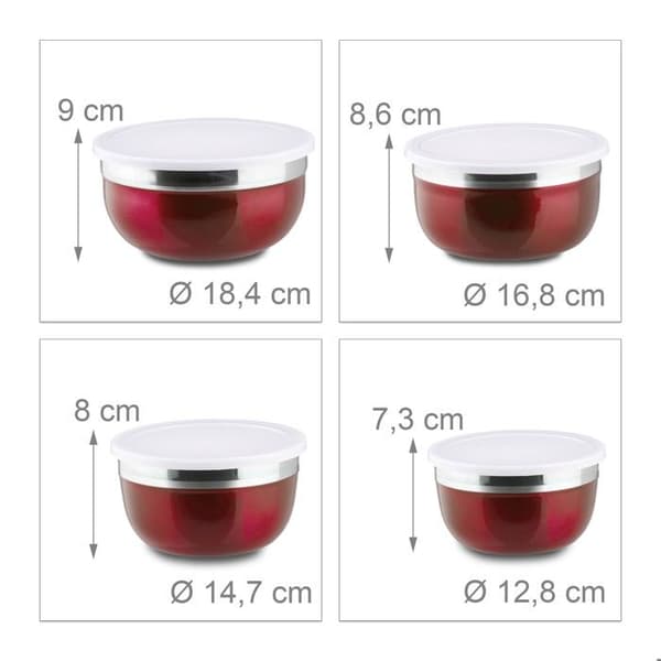Relaxdays Bol blandare med lock set om 4 skålar i rostfritt stål flera storlekar HxBxD: 9 x 18,4 x 18,4 cm, röd