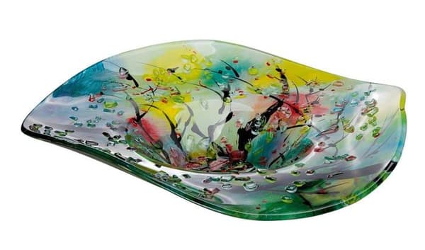 Gilde glas konst salladsskål - 39299 - Rund handmålad glasskål med färgade droppar 46 cm