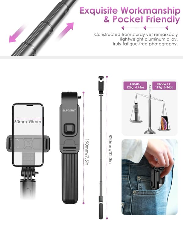 Selfie Stick Tripod, Selfie Tripod i aluminium med avtryckarkontroll, kamerafäste för actionkameror, för smarttelefoner, svart