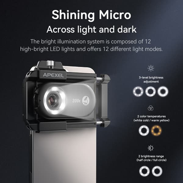 INF 3-i-1 clip-on telefonmikroskoplinse med LED-lys
