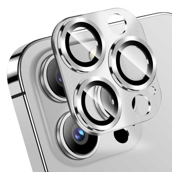 iPhone 15 Pro/15 Pro Max linssin suojus metallia karkaistua lasia hopeaa