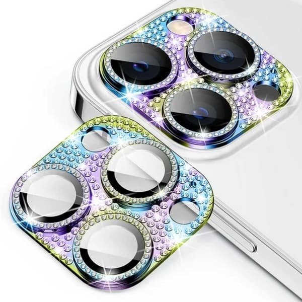 iPhone 14 Pro/14 Pro Max Kamerabeskyttelse Hærdet glas Rhinestone Rainbow