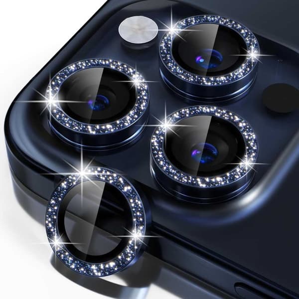 iPhone 15 Pro/Pro Max Linsskydd Bling Glitter Blå