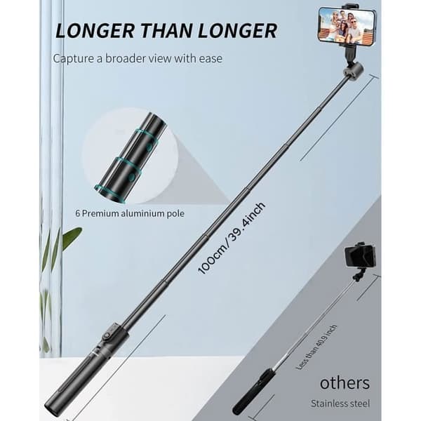 114 CM Selfie Stick med uppgraderat stativ - 2 LED Fill Light - Telefonstativ med löstagbar fjärrkontroll, svart
