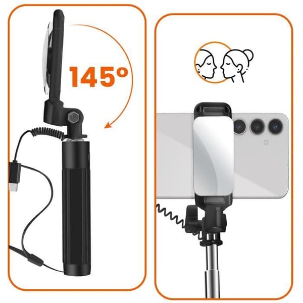 USB C Inbyggd spegel Selfie Stick med LinQ triggerknapp Svart