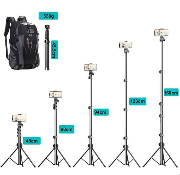 Smartphonestativ, 160 cm förlängbart Selfie Stick Aluminiumstativ med Bluetooth-fjärrkontroll Kompatibel med iPhone