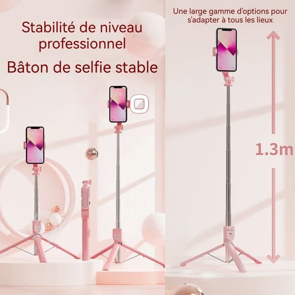 INN Selfiestang 130 cm selfiestang stativ med extra ljus och 2 extra lampor med skönhetseffekt 360 graders rotation