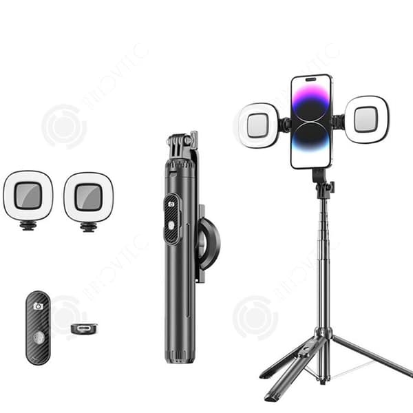 INN Selfiestång 154cm bluetooth 5.2 magnetisk selfiestång stativ med 2 avtagbara lysen 360 graders rotation