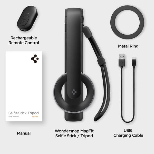 Spigen - Selfie Stick (S571W) - Kompatibel med MagSafe, med stativ, Stabil, Bluetooth, för iOS och Android - Svart