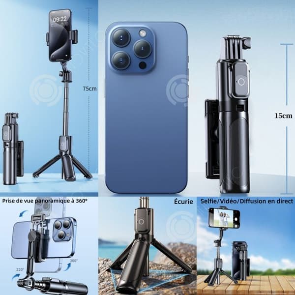 INN Selfiestick 75cm stativ för selfies med mobiltelefonstöd för resor, förvaring 15cm, bluetooth fjärrkontroll mini