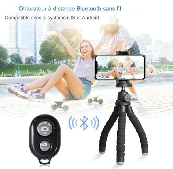Stöd för bärbart och justerbart stativ + Bluetooth-fjärrkontroll för telefon, svart