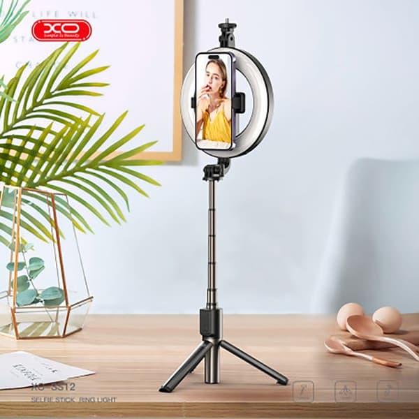 Selfie-lampa teleskopisk med Bluetooth 5.2 stativ lätt kompakt XO svart