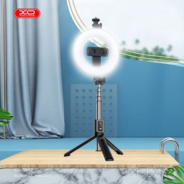 Selfie-lampa teleskopisk med Bluetooth 5.2 stativ lätt kompakt XO svart