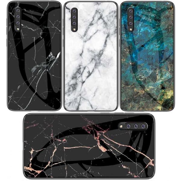 Samsung A70 Marble Shell 9H hærdet glas bagside glas bagside V2 Svart/Guld
