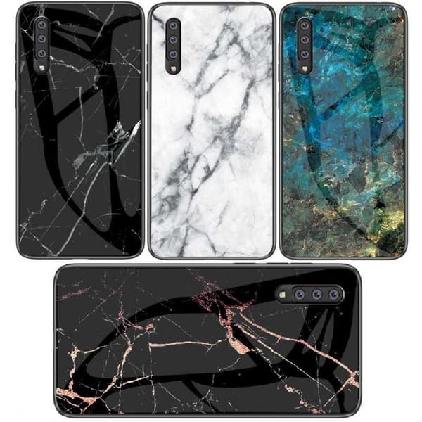 Samsung A50 Marble Shell 9H hærdet glas bagside Glassback V2 Svart/Vit